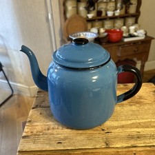 Vintage Large Blue Traditional Enamel Teapot - Black Trim - Well Worn