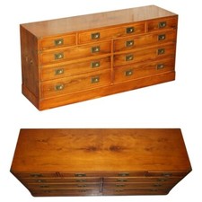 MADE IN ENGLAND VINTAGE BURR YEW MILITARY CAMPAIGN SIDEBOARD CHEST OF DRAWERS