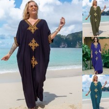 Women Beach Embroidery Oversize Kaftan Tunic Kimono Dress Bikini Cover Boho 