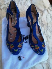 Miss L-Fire "Orient" Blue Embroidered  Suede T-Strap Heels Size 38 ( US 7.5-8) 