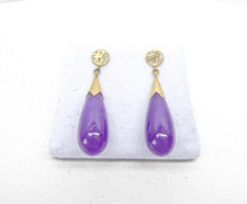 14ct Gold Purple Jade Earrings Good Luck Drops Butterfly Yellow Gold gift box