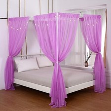 Canopy Bed Curtains with LED Lights Full Queen Size 8 Panel Tulle Drapes Room De