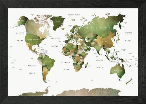 World map green tones - tones, framed