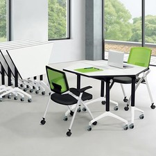 Mobile Flip-Top Conference Table – Folding Trapezoid Training Desk with Wheels