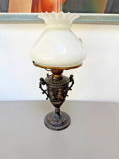 antique spelter metal cherubs oil lamp single wick & white vesta shade NO OIL
