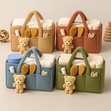Baby Nappy Caddy with Teddy  Large Felt Diaper Organizer Basket with Compartmen