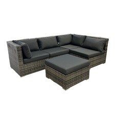 Grey Rattan Corner Sofa Set w/ Ottoman Footstool & Grey Cushions