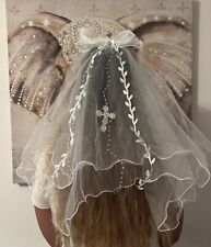 Girls New White First Holy Communion Dress Tulle Veil Bow Lace Diamanté Cross