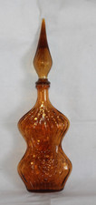 VINTAGE EMPOLI AMBER GLASS GENIE BOTTLE & STOPPER HOUR GLASS SHAPE WITH GRAPES