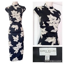 KAREN MILLEN Cheongsam Obi Dress - Size 10 Chinese Oriental Floral Corset Pencil
