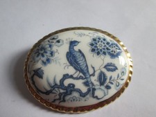 Vintage Aynsley Fine Bone China Blue And White Bird Scene Brooch Pin