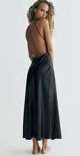ZARA BLACK FOIL SLIP BACKLESS DRAPED NECKLACE METALLIC EFFECT DRESS Size S