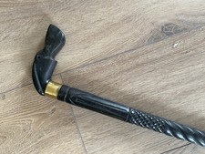 African Antique Ebony Walking Stick With A Buffalo Horn Handle And Brass Collar.