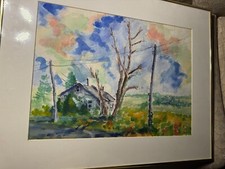 Nolan P Benner "Country Home With Telephone Poles" Watercolor Painting - Framed
