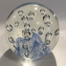 Vintage Art Glass Large Paperweight Clear Pastel Blue Lava Bubbles