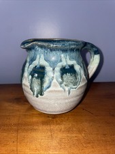 Hand Thrown Studio Pottery Cream Pitcher Blue Green Drip Glazed 4"