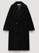 NWT!! ZARA Double Faced Black Wool Blend Double Breasted Long Coat M-L 7522/259