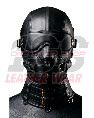 Black leather hood mask with - leather,