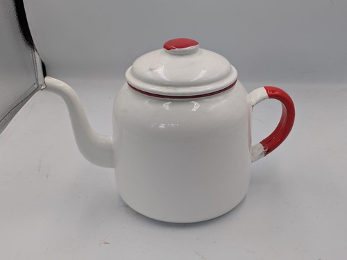 Vtg red white enamel teapot - vtg,