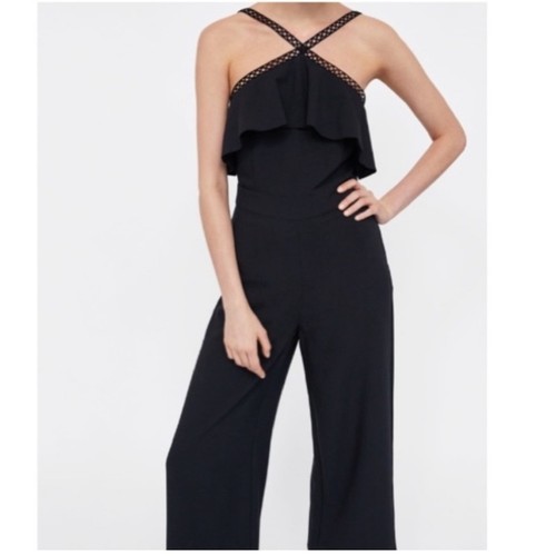 Zara black jumpsuit with lace - black,