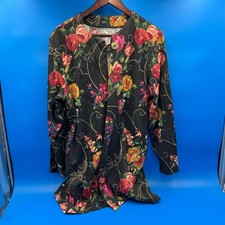 Vintage Handmade Floral Print Jacket Womens Long Sleeve Open Front Black Roses