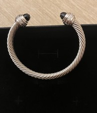 David Yurman 7mm Cable Bangle Sterling Silver, Black Agate & diamonds size large