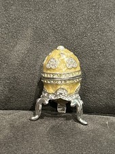 Faberge Egg-Style Enamel & Diamonte Trinket  Box with Stand Silver & Yellow