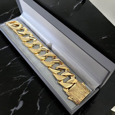27mm Patterned Bark Chaps Bracelet 9ct Gold XP Huge Heavy 9" Gold Curb Bracelet 