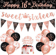 16th Birthday Decorations Set Rose Gold Black Sweet Sixteen Banner Balloons Kit