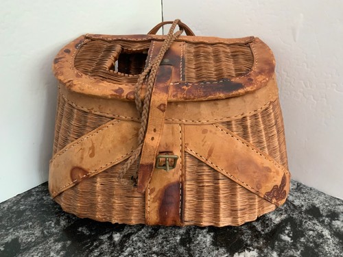Vtg woven trout creel - woven, leather
