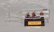 VINTAGE GLASS SHIP IN A BOTTLE NINA 1492 WITH WOODEN STAND BOAT NAUTICAL OCEAN
