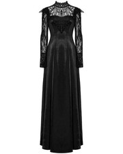 Punk Rave Womens Long Gothic Sateen Maxi Dress With Embroidered Lace Contrast