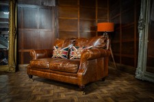 VICTORIAN STYLE CHESTNUT TAN ANTIQUE LEATHER CHESTERFIELD 2 SEATER CLUB SOFA