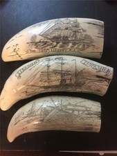 SET OF THREE SCRIMSHAW REPRODUCTION WHALE TEETH LIMITED TIME LISTING !!