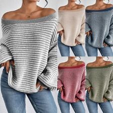 Ladies Off-shoulder Baggy Jumper Tops Women Striped Winter Lightweight Sweater