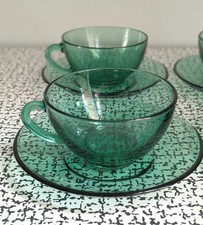 60s 70s Vintage Retro ARCOROC France Green Glass Tea Coffee Cups & Saucers Set 4