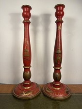 A Pair Chinese 1920’s Red Chinoiserie Hand Painted Candlesticks Different Scenes