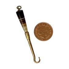 Antique Glove Button Hook Ball BLACK & WHITE BANDED AGATE Chatelaine c1900