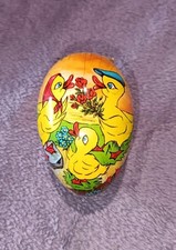 Paper Mache Easter Egg Box with 5 Fluffy Chicks Inside German Vintage