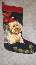 VTG Yorkie Yorkshire Terrier Needlepoint Stocking Wool Blend Christmas Velvet