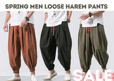 Men Baggy Harem Pants Japanese Mens Crotch Wide Leg Pants Casual Loose Trousers