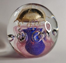 Large Glass Paperweight, Clear Controlled Bubbles, Blue, Pink, Yellow Jellyfish