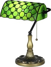 Stained Green Glass Table Lamp Antique Base Banker's Design Desk Bedside Light