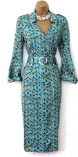 KAREN MILLEN Sz 12 Vintage Turquoise Green Silk Snake Print Military Shirt Dress