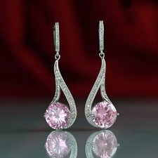 3Ct Round Brilliant Cut Pink Sapphire Drop/Dangle Earrings 14K White Gold Finish