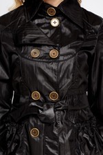 SIZE UK 8 S BLACK SHIMMER PVC FAUX LEATHER LOOK LINED JACKET TRENCH COAT MAC NWT