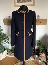 Stunning Hobbs Blue Wool Single Breasted Long Coat Jacket - Size 10 Beige Trim