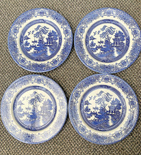 4  Vintage EIT Old Willow Pattern Blue &  White Dinner Plates 9.75" / 24.5cm