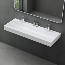 Bathroom Basin Wall Hung Sink Stone Resin Rectangle Washbasin with Waste