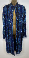 Vintage Past Times Sequin Beaded Jacket Blue Stripe Swirl Long Statement UK M/L